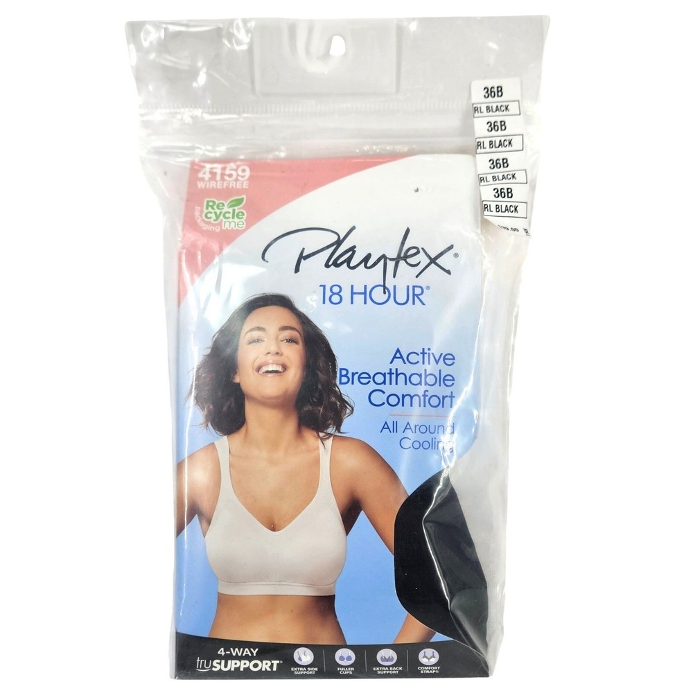 NWT Playtex 18 Hour Wirefree Tagless Active Comfort‎ Wicking Bra Black Size 36B